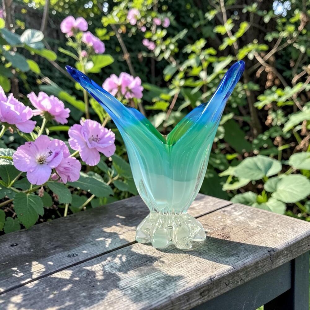 Barton & Barton Art Glass Vase Blue Green Winged Sommerso 4lb 8.8" Sculpture